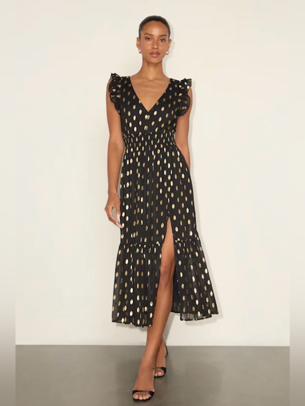Cause to Celebrate Black and Gold Dot Ruffled Tiered Midi Dress